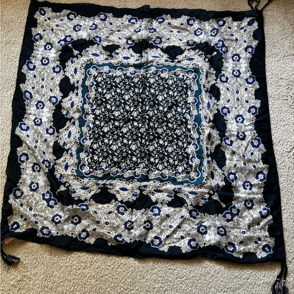 Johnny Was Elegant Black and Blue Floral Scarf